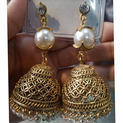 traditional carved white pearls jhumki for Girls Ladies Womens