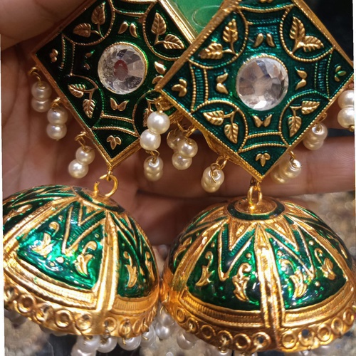 Green Color Jhumka With White Beads Earring