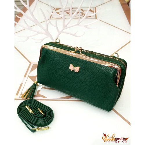 Women Double Layer Small Shoulder Bag Satchel Purse Leather Wallet size : 19.5x5x11 cm color : Green