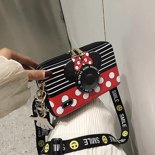Mickey Minnie Handbag Cute Camera Shaped Bag For Women white Dots size : 18x18x11 cm color : Red