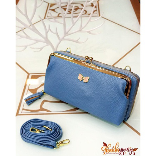Women Double Layer Small Shoulder Bag Satchel Purse Leather Wallet size : 19.5x5x11 cm color : Blue