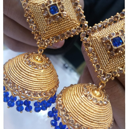 Golden Color Jhumka With Blue Beads Earring