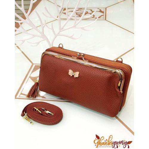Women Double Layer Small Shoulder Bag Satchel Purse Leather Wallet size : 19.5x5x11 cm color : Brown
