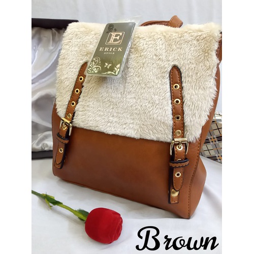 Ladies sweet high quality leather fur bag size : 10x12" color : Brown