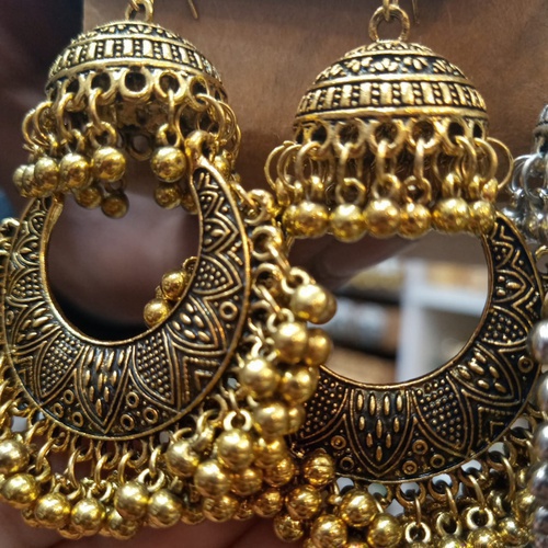 Antique Indian Carved Jhumka With Golden Beads