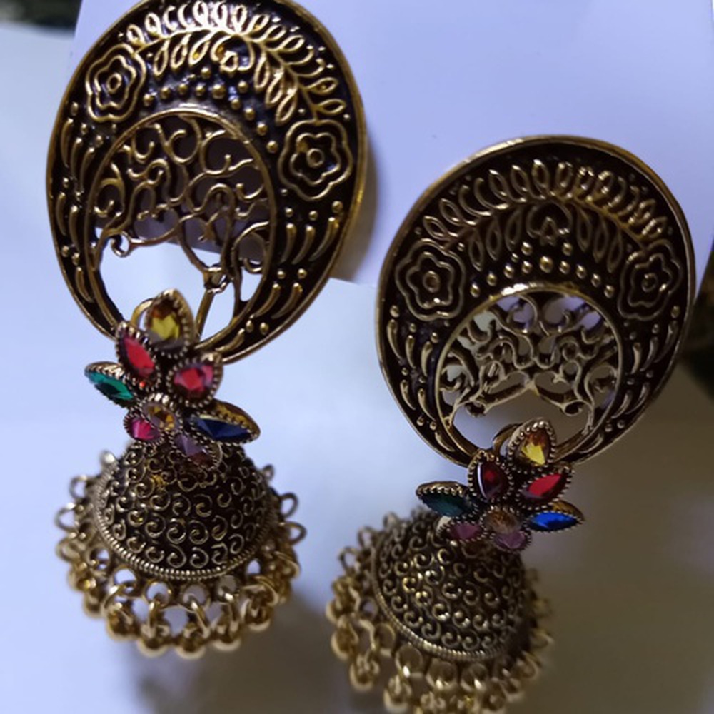 Antique Carved Jhumka  With Golden Beads Drop Earrings