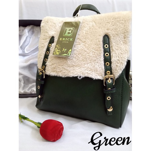 Ladies sweet high quality leather fur bag size : 10x12" color : Green