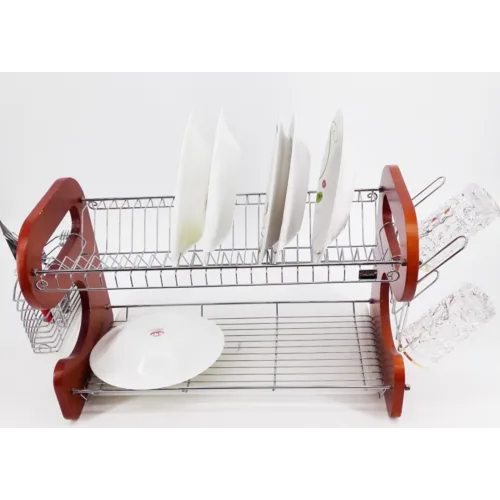Uniware double Wood Kitchen Dish Rack With Spoon Fork Holder 2 Tier 22 x 14 x 10 inch