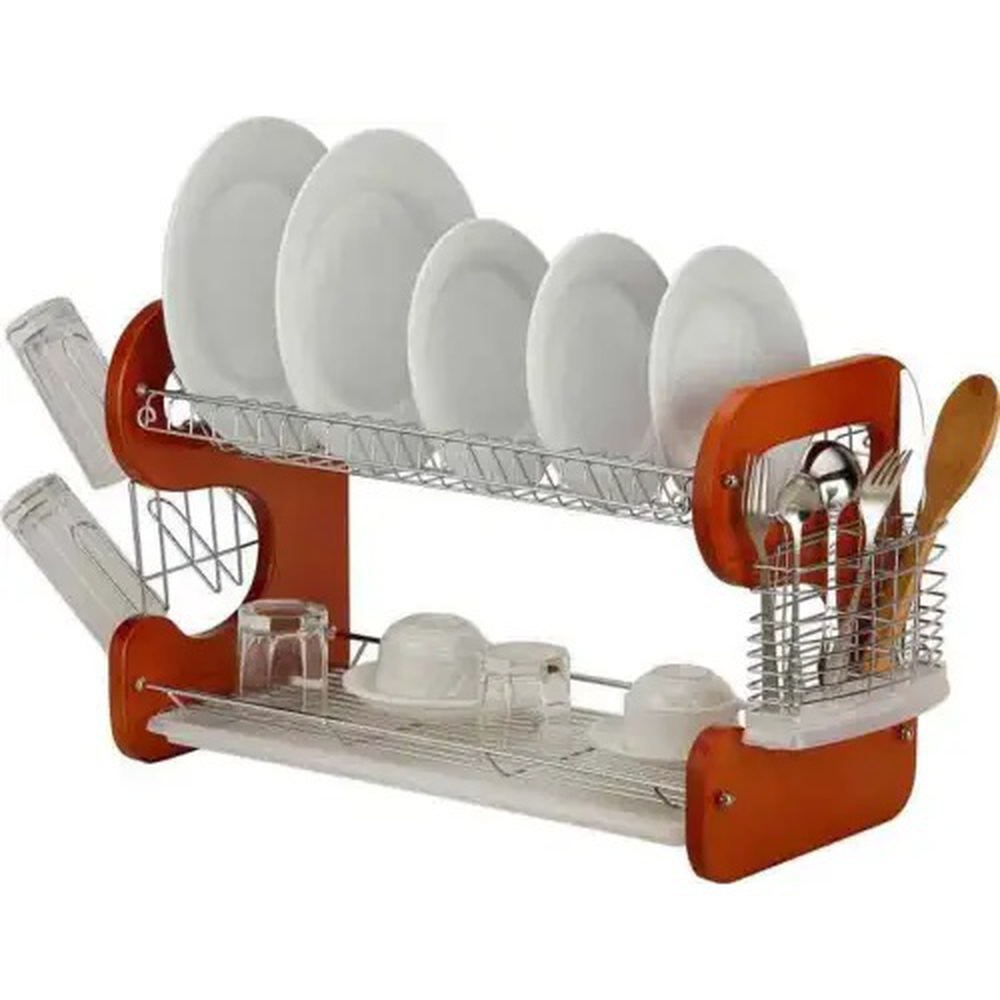 Uniware double Wood Kitchen Dish Rack With Spoon Fork Holder 2 Tier 22 x 14 x 10 inch