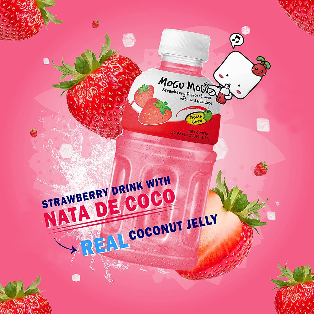 Mogu Mogu Strawberry Flavored Drink With Natta De Coco ,320 ml (Pack Of 6)