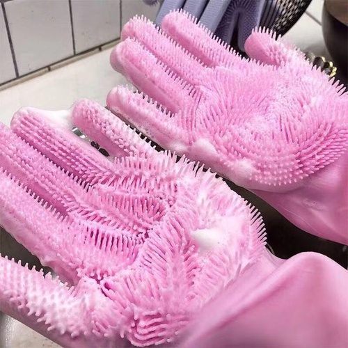 Dishwashing Cleaning Sponge Gloves Reusable Silicone Brush Scrubber Gloves Heat Resistant for Dishwashing Kitchen Bathroom Cleaning Pet Hair Care Car Washing(Pink)