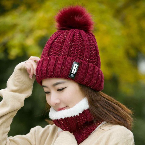 Women Knit Warm Thick Wool Knit Scarf Hat