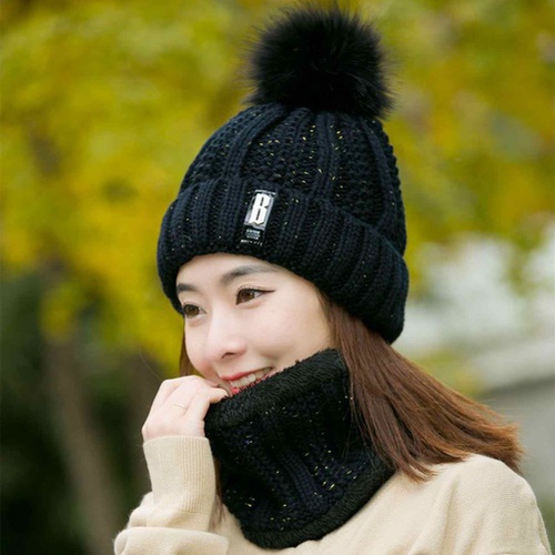 Women Knit Warm Thick Wool Knit Scarf Hat color : Black