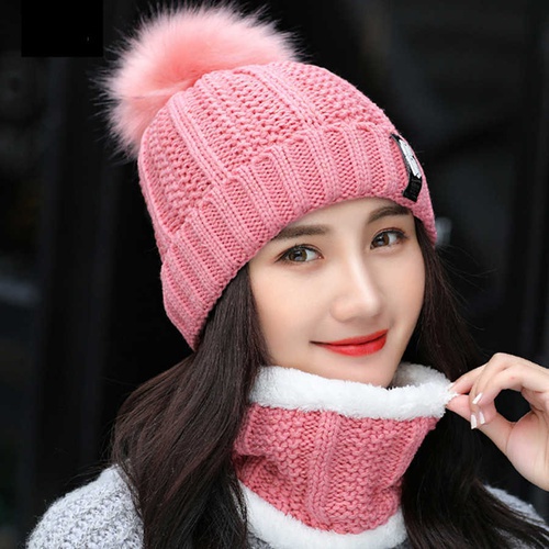 Women Knit Warm Thick Wool Knit Scarf Hat color : Pink