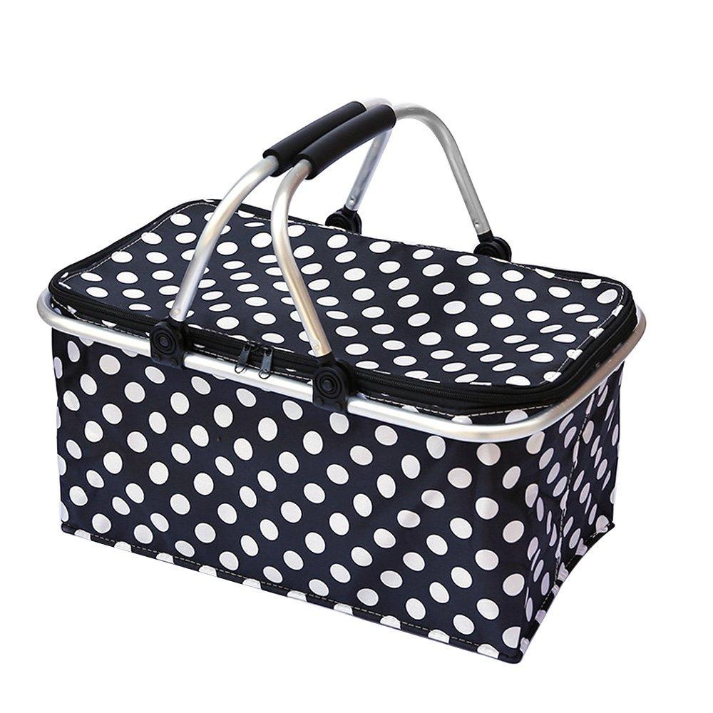 Picnic Basket Foldable Cooler Bag Large Capacity Insulated Lunch Bag Pattern Waterproof Meal Prep Bag Zipper Basket with Carrying Handle for Home Office Outdoor Camping Picnic 31L