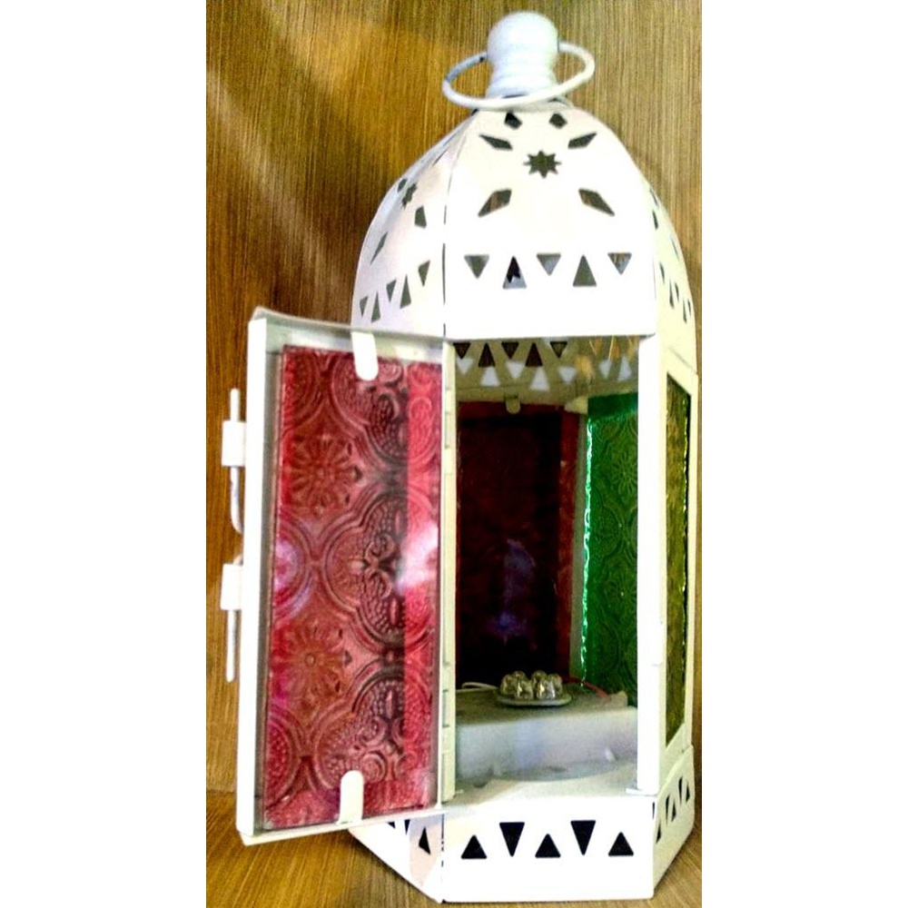 Moroccan Metal Colored Glass LED Stand – White