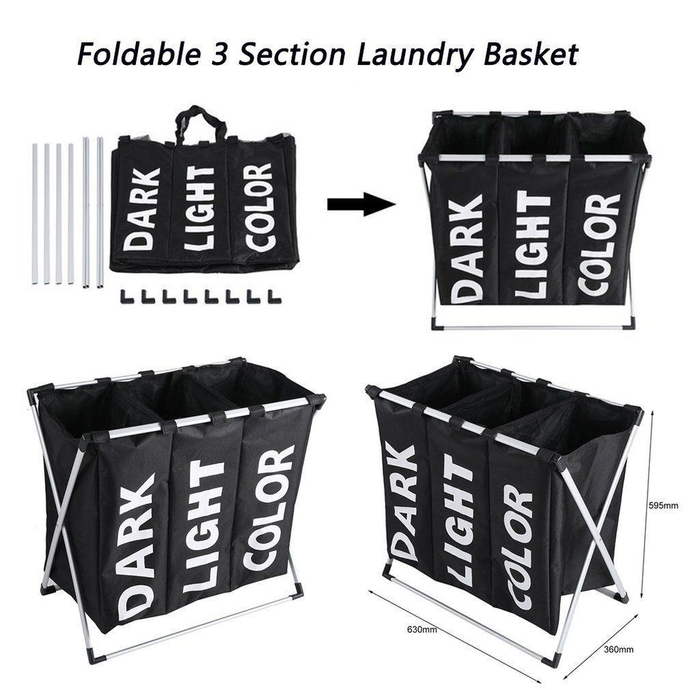 3 Compartments Foldable Laundry Bag with Aluminum Frame