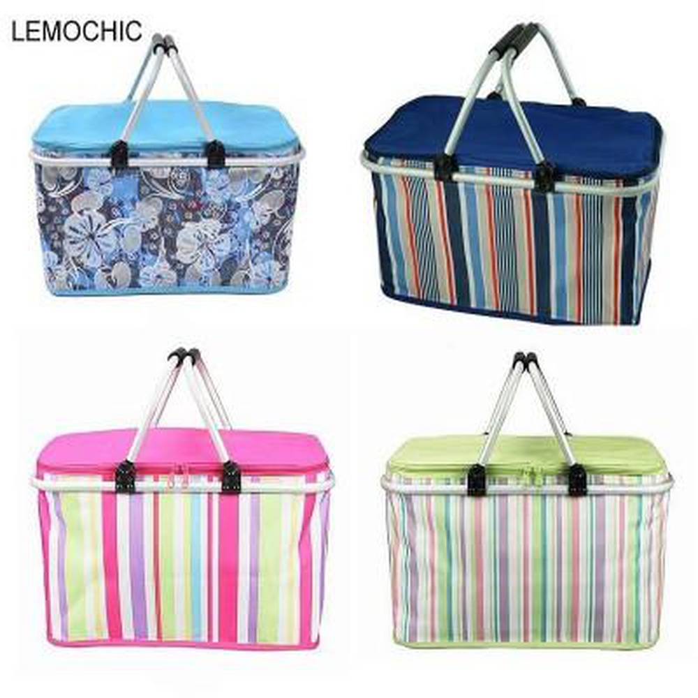 Picnic Basket Foldable Cooler Bag Large Capacity Insulated Lunch Bag Pattern Waterproof Meal Prep Bag Zipper Basket with Carrying Handle for Home Office Outdoor Camping Picnic 31L