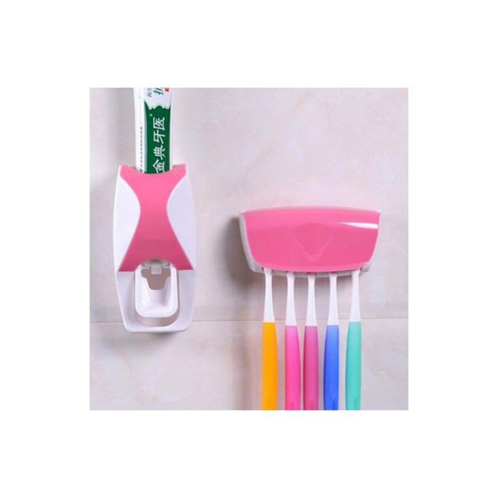 Toothpaste Dispenser With Toothbrush Holder – Pink & White