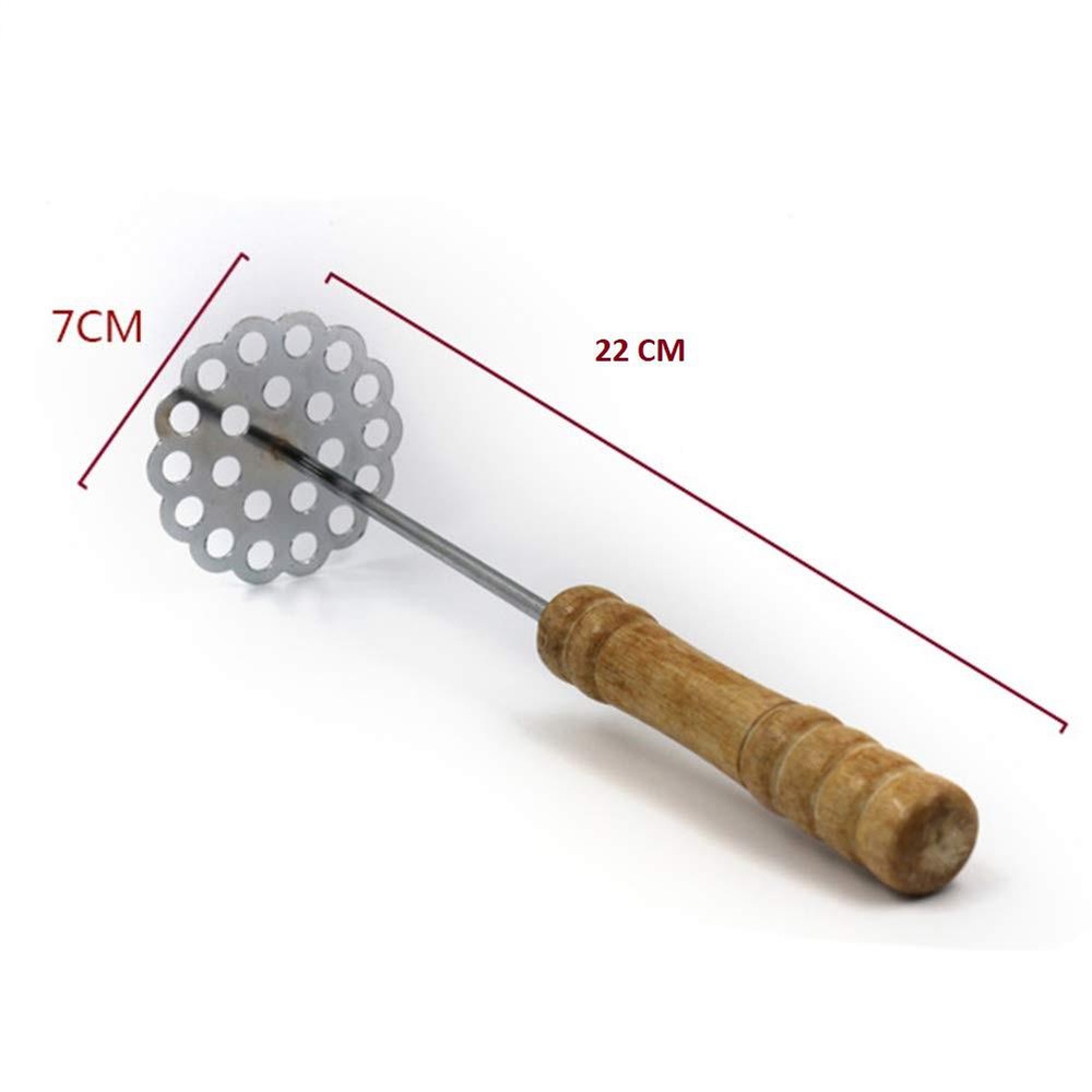 Potato Masher, Multipurpose Manual Wooden Handle Portable Smooth Stainless Steel Pulse Masher (Round)