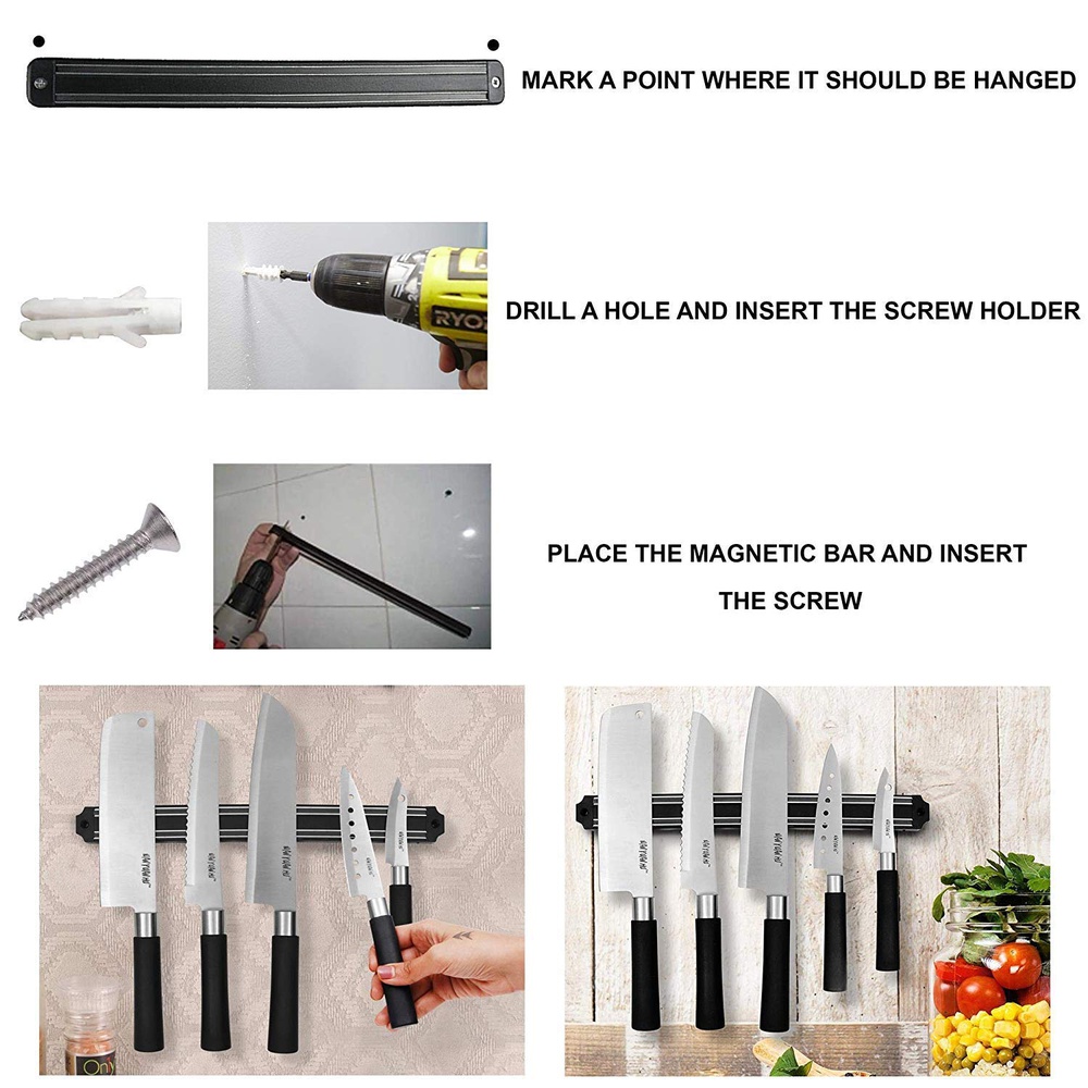 Wall Mount Magnetic Kitchen Knife and Utensil Holder Strip - Black