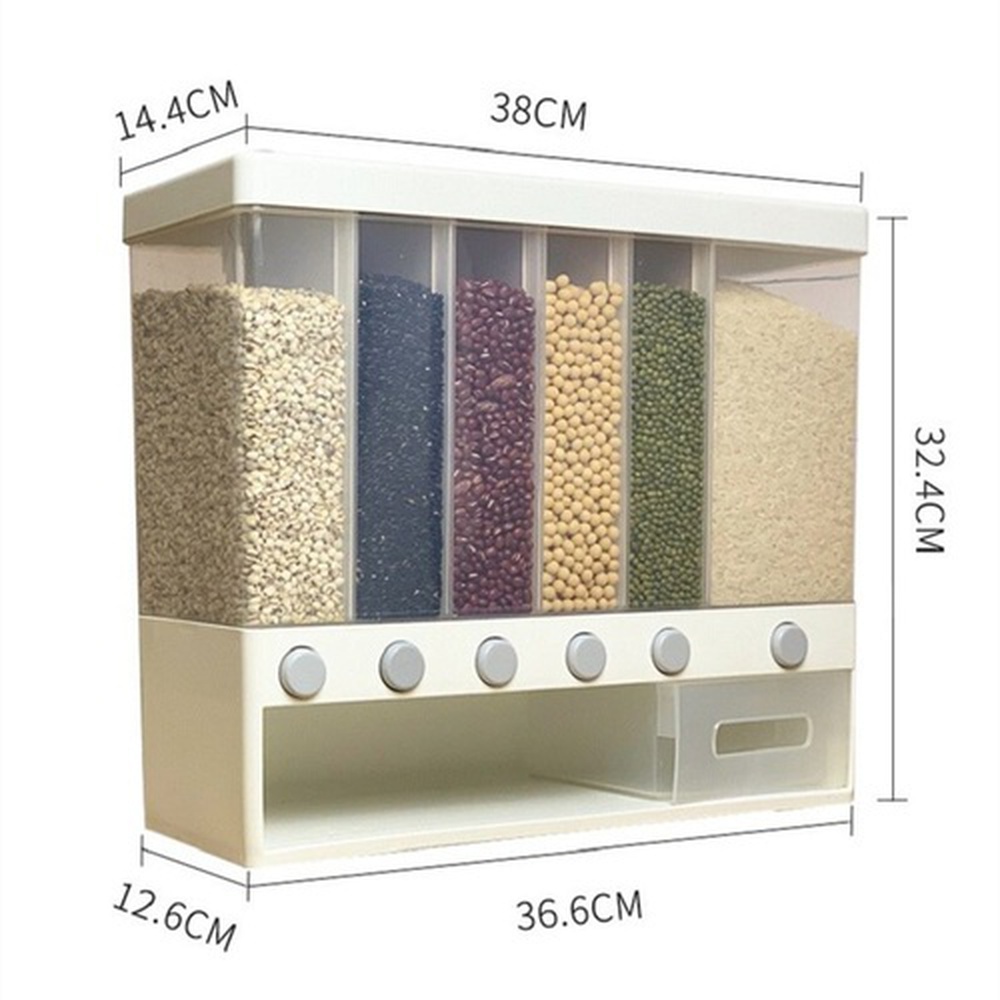 Multiple Portions Dry Food Organizer/Grain Storage Box Size16x15x10 Whole Grains Rice Bucket Wall-Mounted Divided 6-Grid Rice Storage Bucket Tank