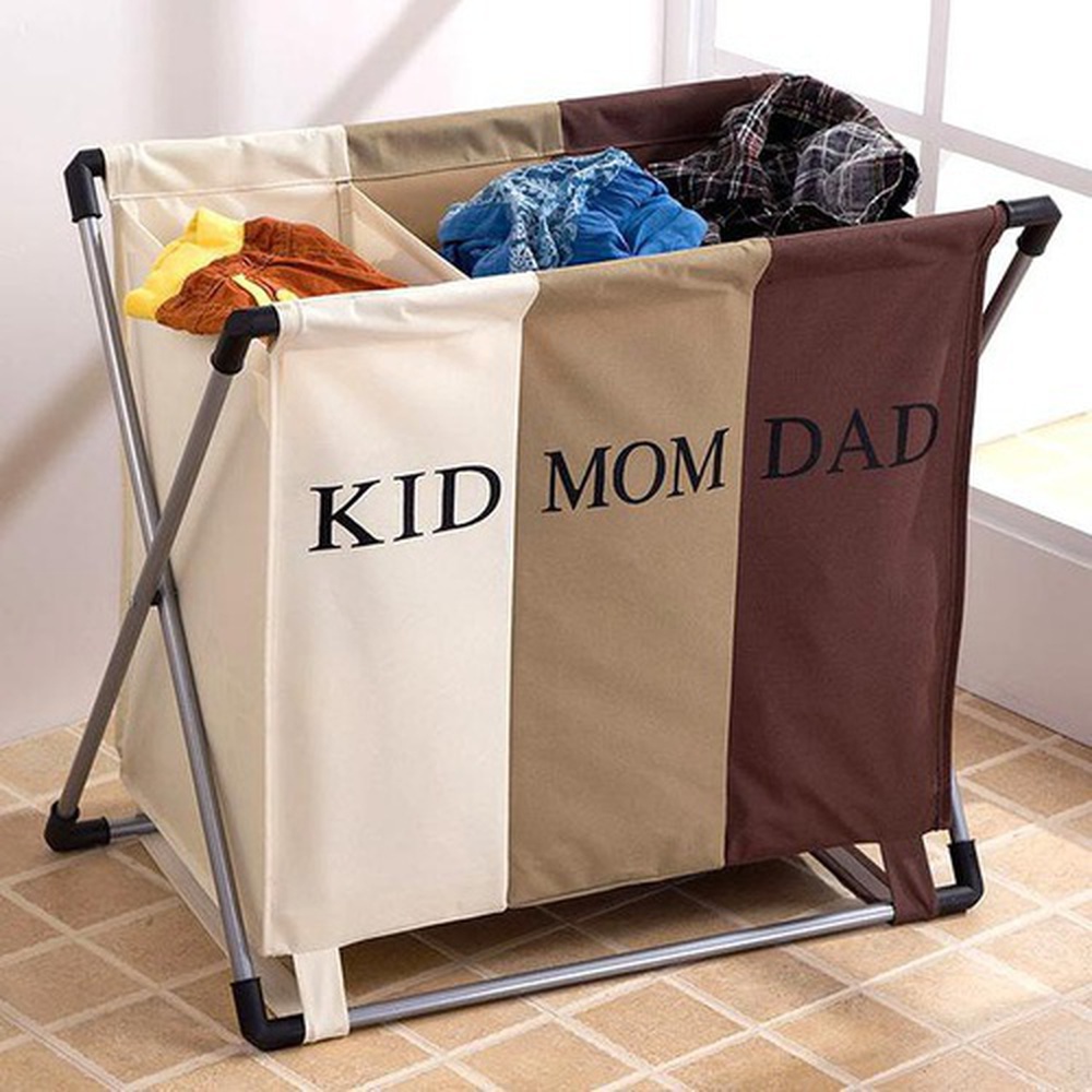 3 Compartments Foldable Kid Mom Dad Laundry Hamper with Aluminum Frame