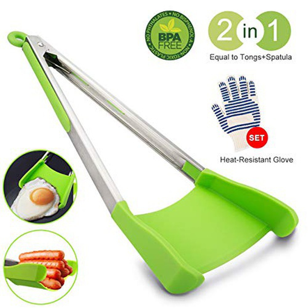 Clever Tongs - 2 in 1 Kitchen Spatula and Tongs Non-Stick Heat Resistant Stainless Steel Frame Silicone