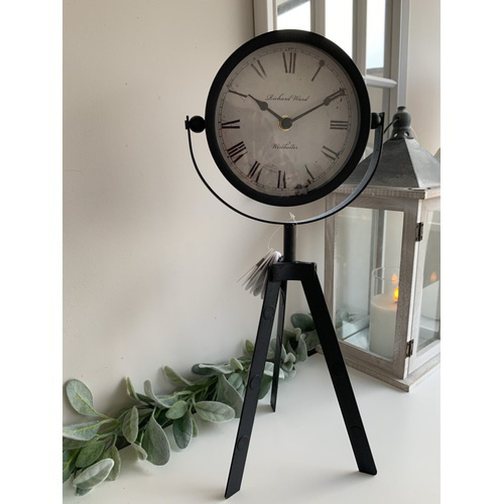 360 Rotatable Black Rustic Metal Round Clock Tripod, Metal Table Clock on Tripod, Clock with Tripod Stand, Clock Tripod