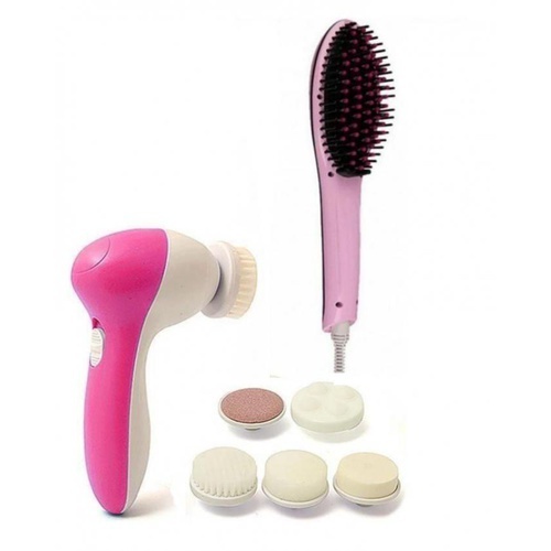 Pack of 2 - Fast Hair Straightener Brush &amp; 5 in 1 Face Massager - Pink &amp; White 