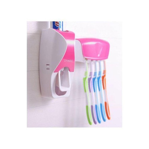 Toothpaste Dispenser With Toothbrush Holder – Pink & White