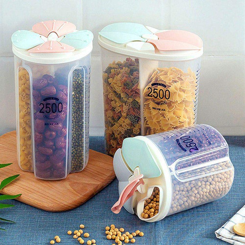 Multicolor Plastic 1500mL 4 Grid Cereal &amp; Dry Food Storage Containers-4 Portion Jar-1 Piece