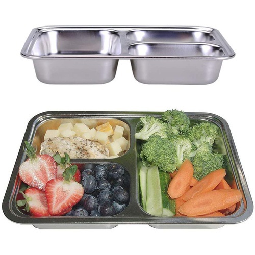 Stainless Steel Divided Plates/Compartment Trays 3-Section Mini Mess Trays, Thali, Great Size for Lunches, Kids, Portion Control, Camping