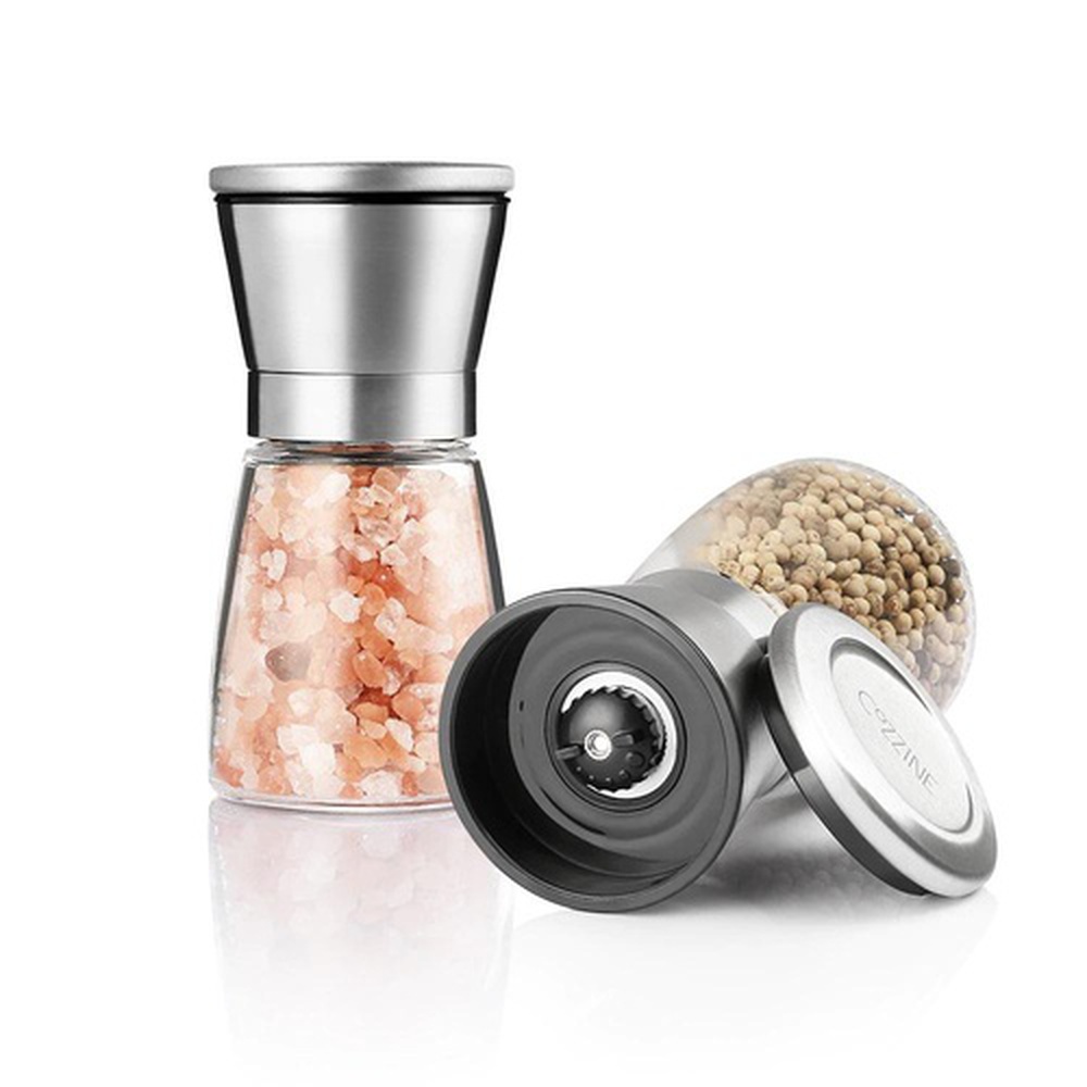 Stainless Steel Manual Brushed Salt Mill Pepper Grinder Set Glass Bottle