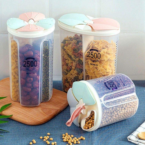 Multicolor Plastic 3000mL 4 Grid Cereal Lamp; Dry Food Storage Containers-4 Portion Jar-1 Piece