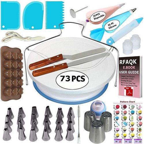 150 Pcs Cake Decorating Supplies Kit for Beginners-1 Turntable stand-48 Numbered icing tips with pattern chart &amp; E.Book-1 Cake Leveler-Straight &amp; Angled Spatula-3 Russian Piping nozzles-Baking