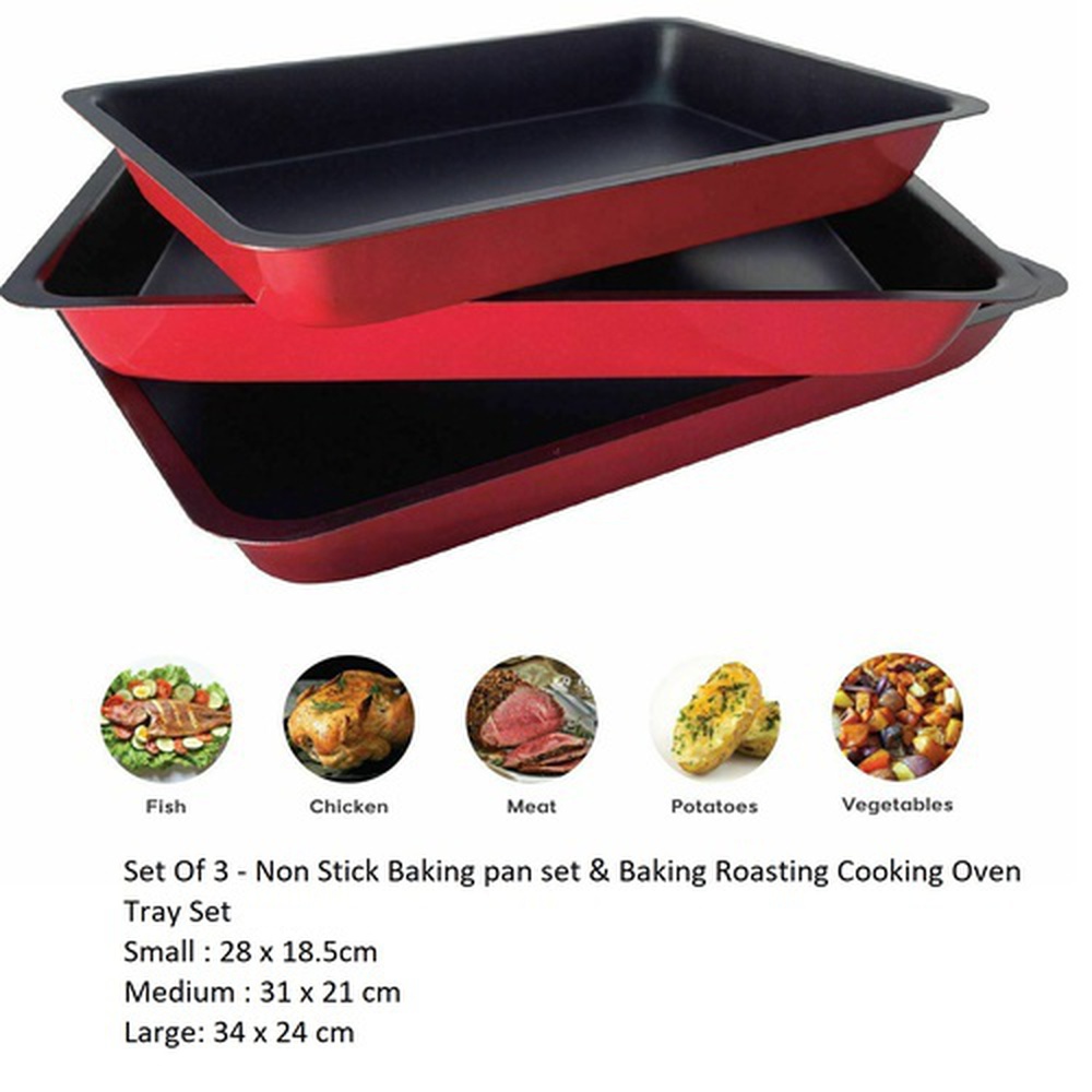 Set Of 3 - Non Stick Baking pan set &amp; Baking Roasting Cooking Oven Tray Set - 28 x 18.5cm, 31 x 21 cm, 34 x 24 cm