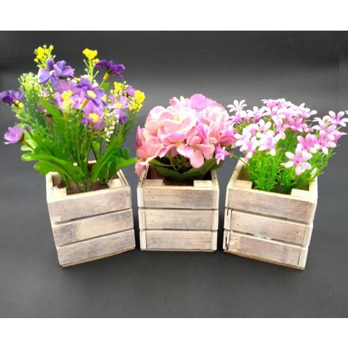 Set of 3 - Artificial Floral Arrangement in Wooden Pots