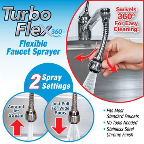 Turbo Flex 360 Flexible Faucet Sprayer Tap Mover Instant Hands Free Swivel Spray Hose Spray Sink
