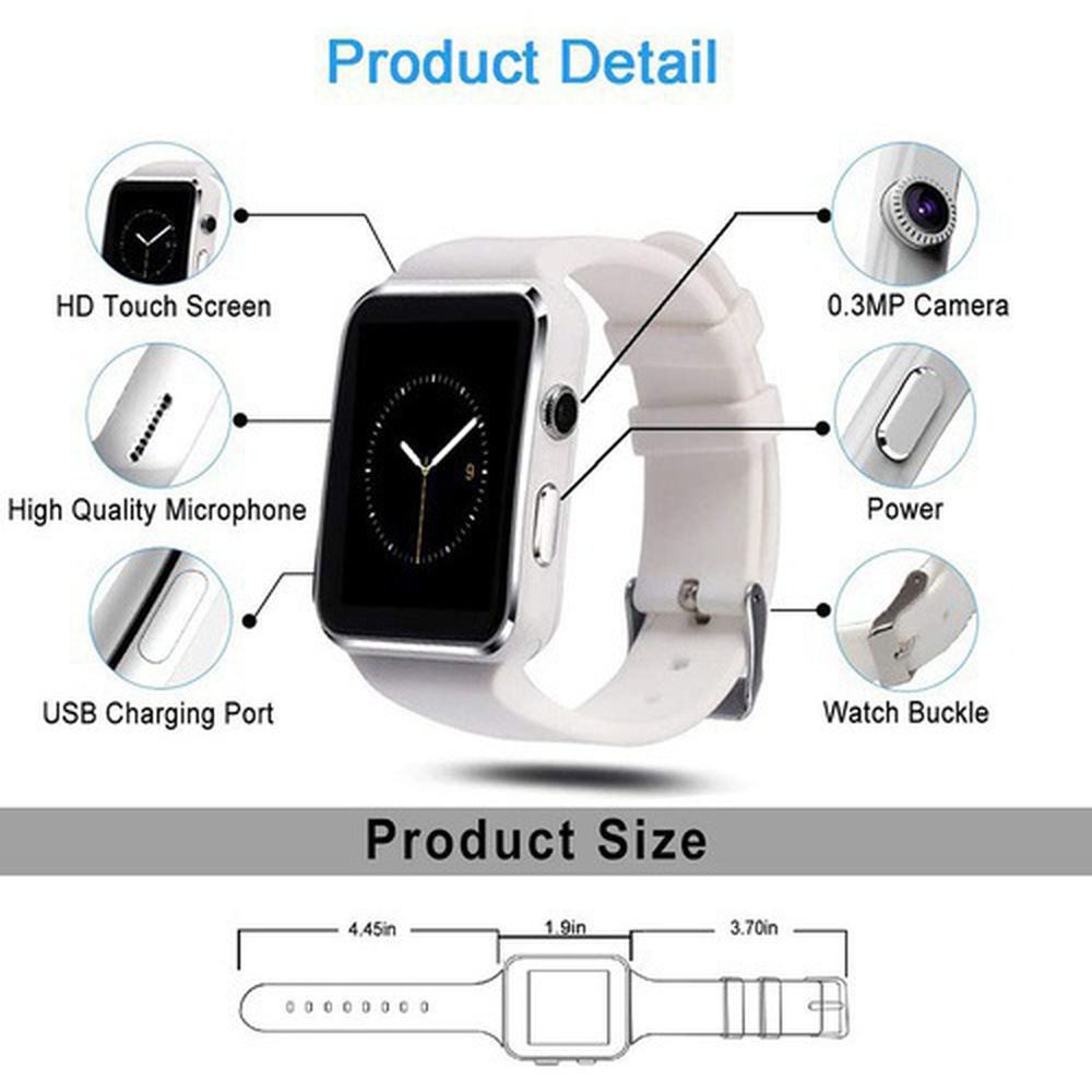 X6 Smart Watch,  Camera Unlocked Cell Phone Sim Card Slot, Bluetooth Touch Screen Smartwatches, Wrist Watch for Boys Girls-White