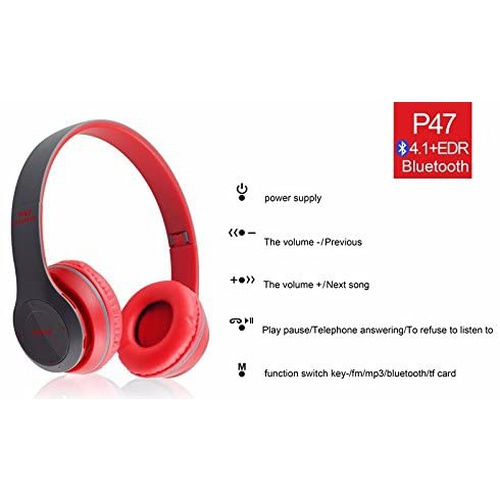 Wireless Headphones, P47 Bluetooth Over Ear Foldable Headset with Microphone Stereo Earphones 3.5mm Audio Support color : Red