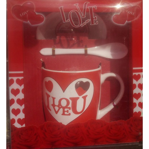 Love You Printed Red and White Coffee Mug,one Mug and Spoon to Gift Your Loved ones