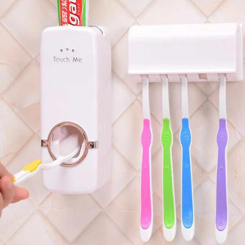 Telly Toothpaste Dispenser & Toothbrush Holder - White Automatic Toothpaste Dispenser and Toothbrush Holder Set Wall Mounted Toothpaste Dispenser with 5 Toothbrush Holder Set Toothpaste Squeezing Mach