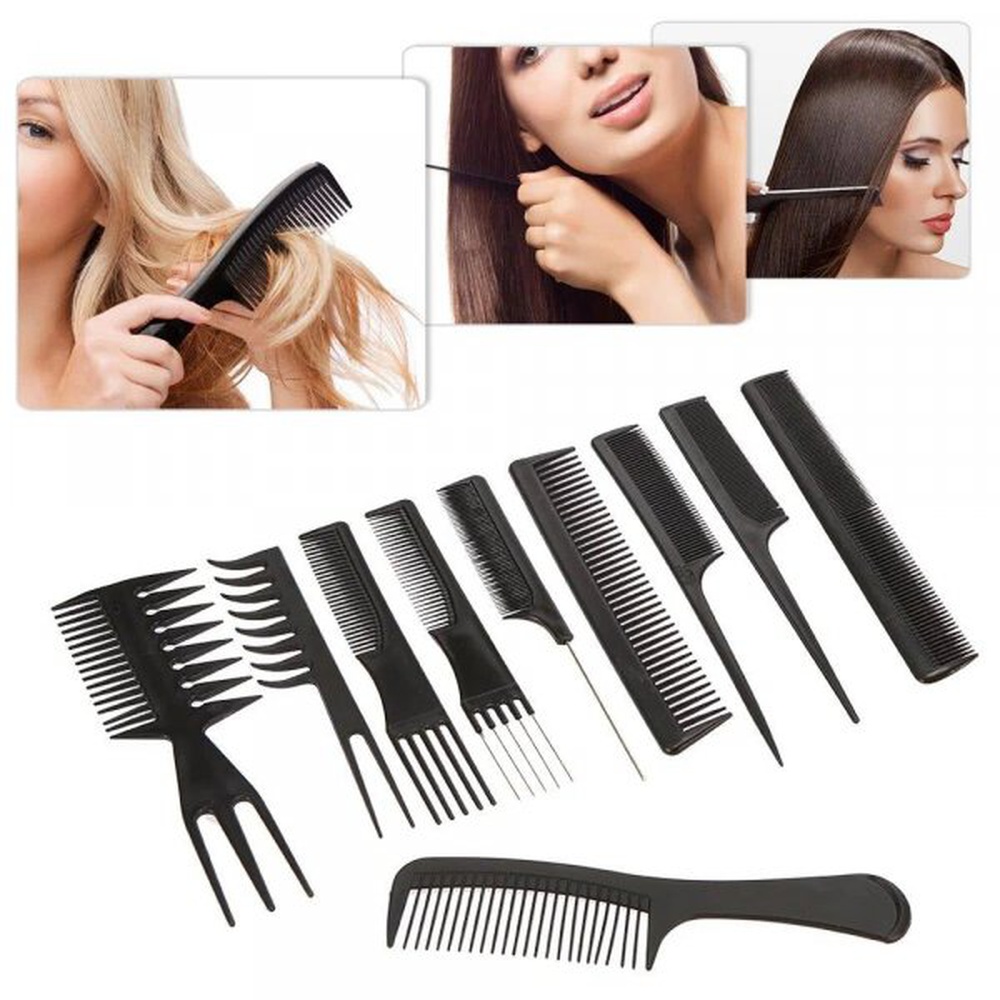 Telly 10 pieces Black Professional Combs Hair Salon Hair Styling Barbers Comb Set Kit Rat Tail Comb