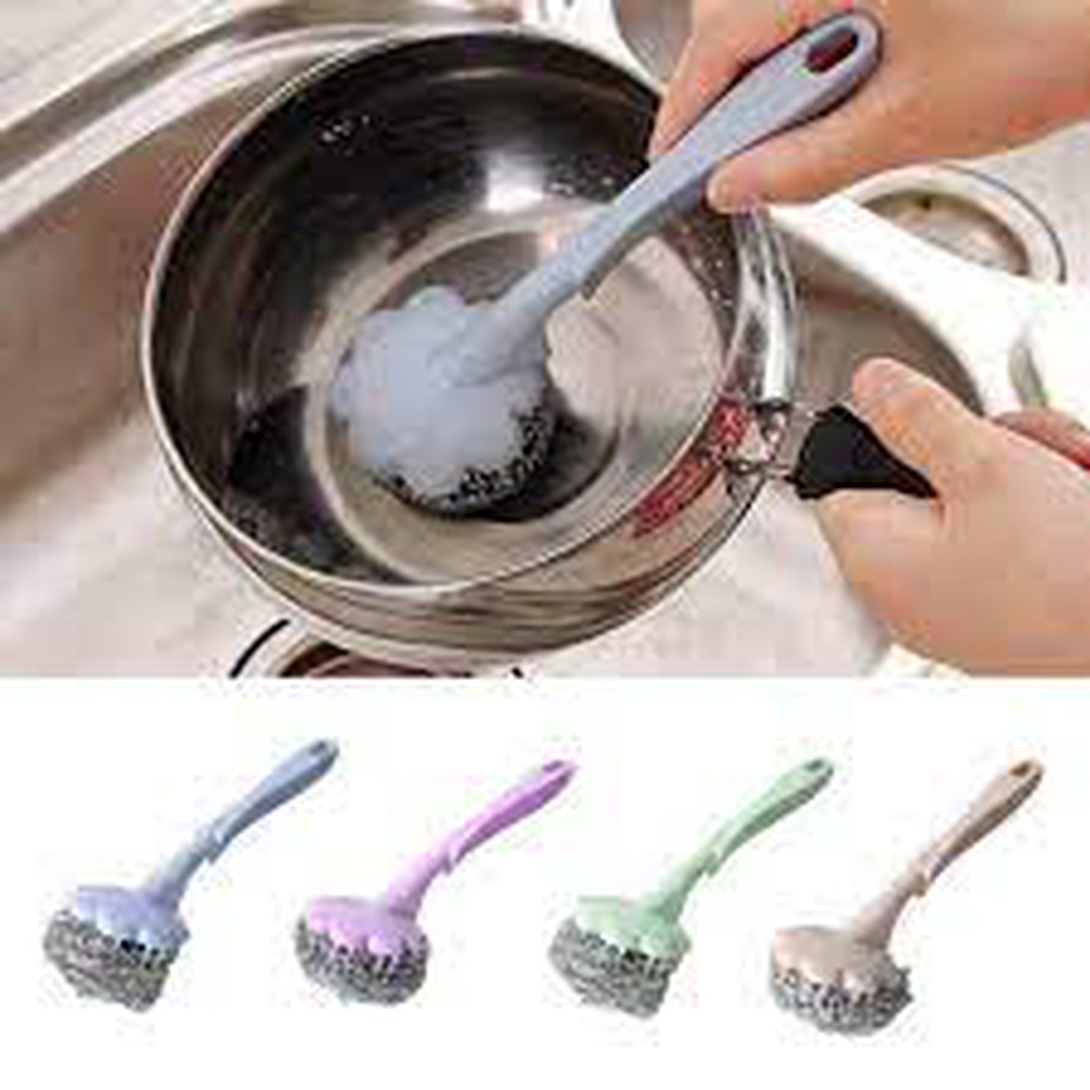 Telly Stainless Steel Wire Ball Brush Pot, Pan,Bowl Scrubber Cleaner with Plastic Handle