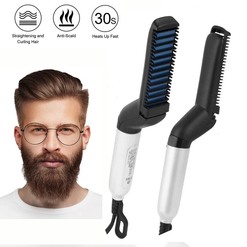 Telly Electric Beard Straightener for Men - Professional Quick Styling Smart Comb Portable Brush with Anti-Scald Feature
