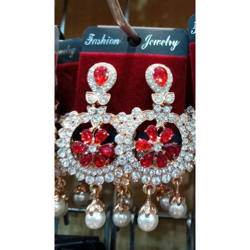 Traditional Drop Earrings With White and Red Pearls Jewellery for Women
