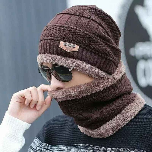 Hat & Neck warmer Winter Cap(unisex) color : Brown