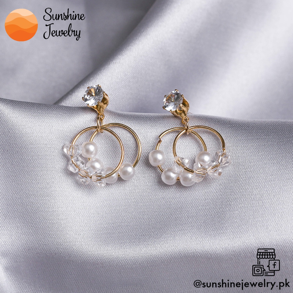 S925 Korean Style Pearl Gem Earrings Gold Color jewelry/jewellery Elegant Stylish Party Earrings Silver