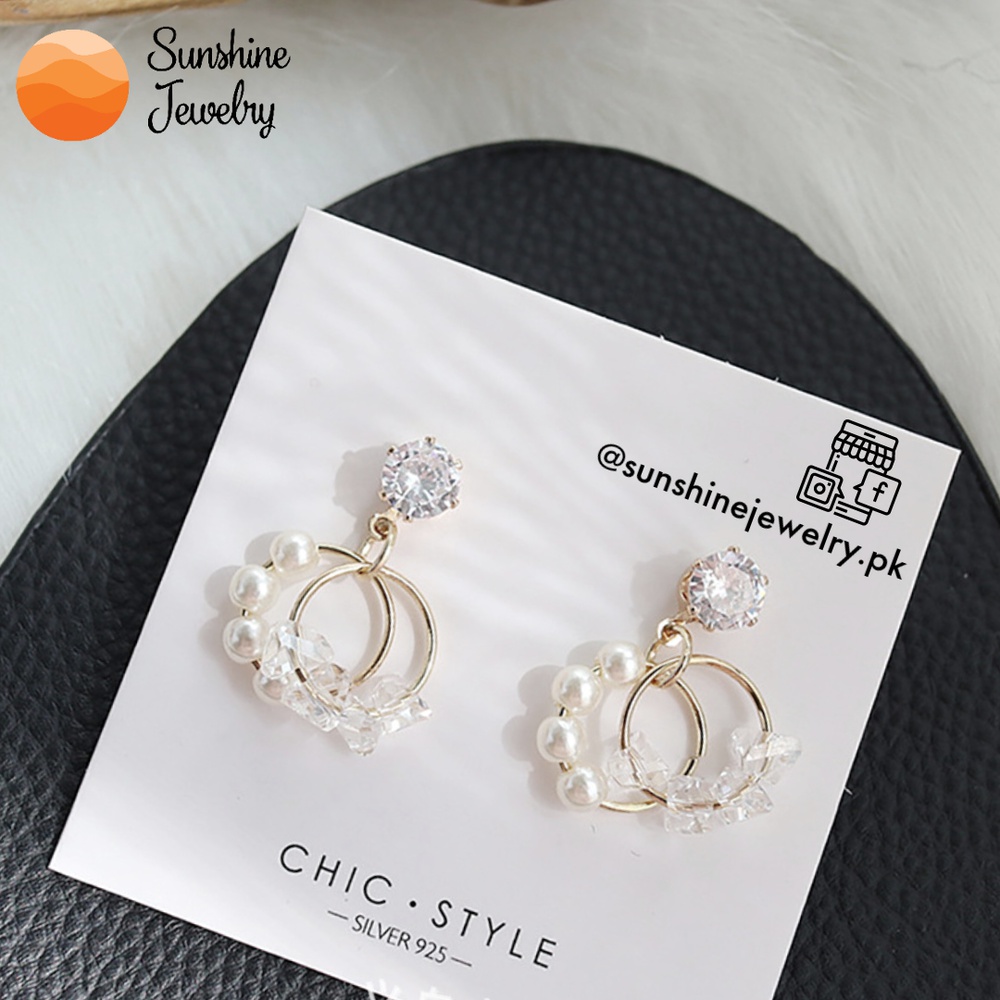 S925 Korean Style Pearl Gem Earrings Gold Color jewelry/jewellery Elegant Stylish Party Earrings Silver